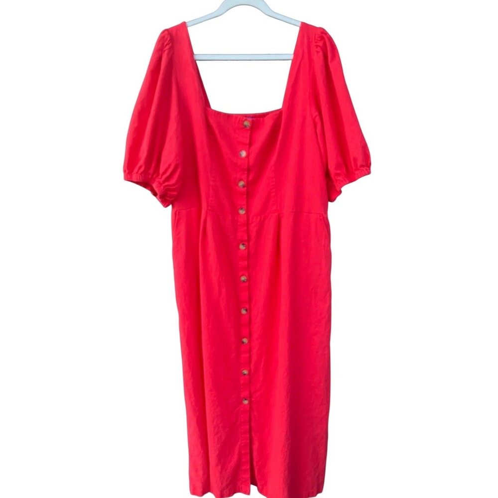Womens Red Linen Button Long Dress Size XXL Tall Puff Sleeves Pockets Smocked